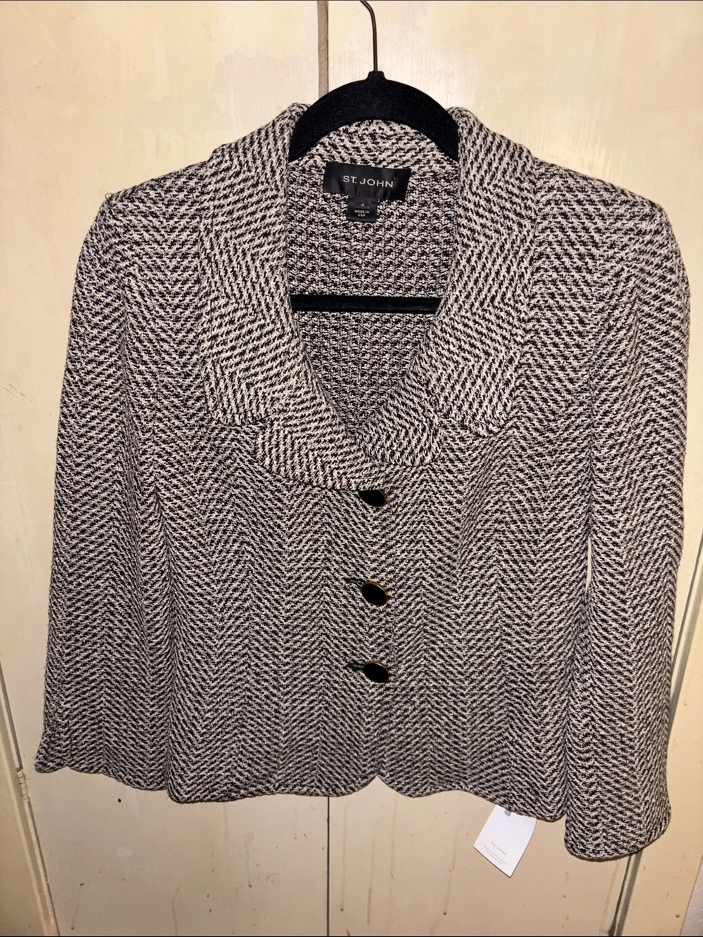 St. John Black, tan and White Knit Herringbone Blazer